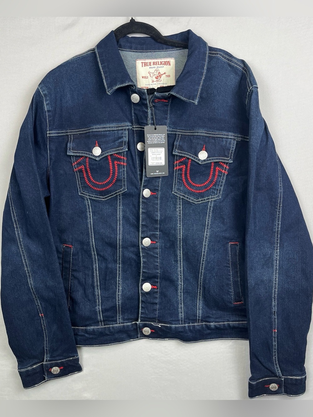 True Religion Denim Jacket Red Ladder Stitch Men’s Large Dark Wash MSRP $184 New